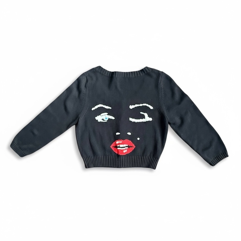 Betsey Johnson "Marilyn Face" Black Knit Cotton Cardigan Sweater –Size L Pop Art